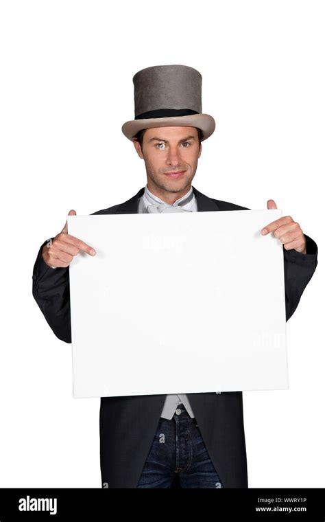 Man In A Top Hat And Tails Holding A Board Left Blank For Your Message