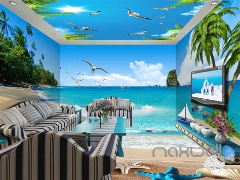 3d Beach Starfish Sea Bird Palm Entire Living Room Wallpaper Wall Mural
