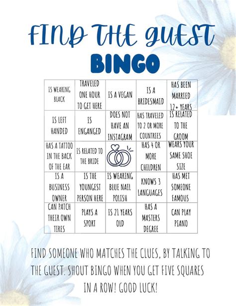 Find The Guest Bingo Printable Bridal Shower Game Icebreaker Fun