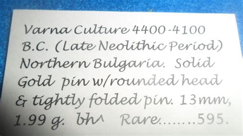 Varna Culture Gold Pin W Rounded Head 4400 4100 Bc North Bulgaria