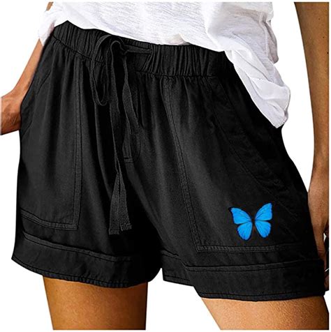 Womens Casual Shorts Butterfly Printed Comfy Drawstring Elastic Waist