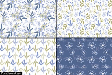 Seamless Blue And Green Hand Drawn Flowers And Leaves Digital Paper