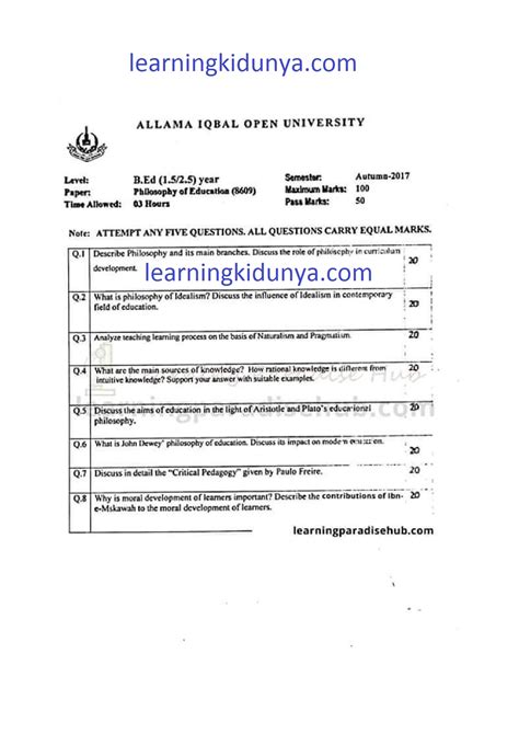 Aiou Past Papers Bed Code 8610 Year 2017 Autumn