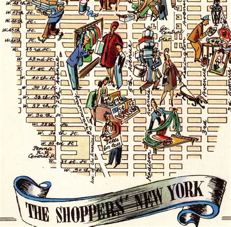1940s Animated Manhattan Map New York City Map Shopping Print Wall Art