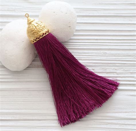 Extra Large Plum Purple Silk Tassel With Rustic Gold Tassel Cap Gold