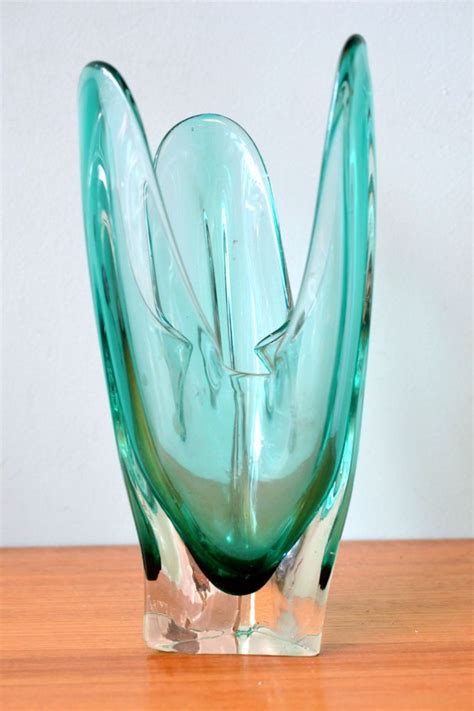 Vintage Japanese Hineri Art Glass Vase Green Mid Century 1960 Green