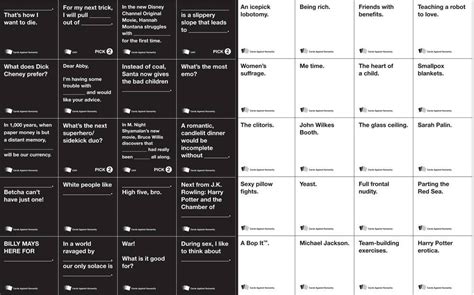 The white cards are possible answers to teh red cards. Pin on Party Ideas