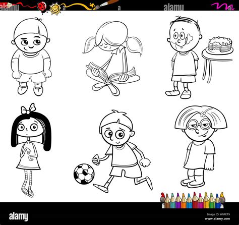 Black And White Cartoon Illustration Of Children Characters Set