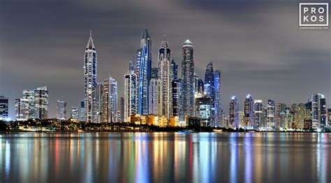 Panoramic Skyline Of Dubai Marina At Night High Definition Photo