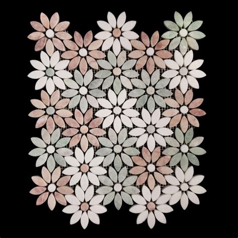 daisy flower pattern green celeste thassos pink tumbled marble mosaic tiles