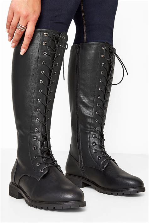 Black Faux Leather Lace Up Knee High Boots In Wide E Fit Extra Wide