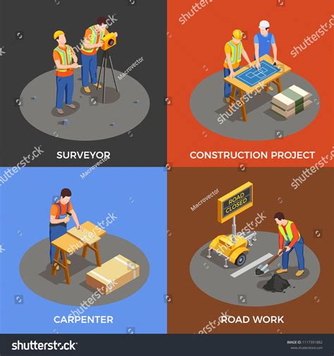 Builders Isometric Design Concept With Construction Project Surveyor