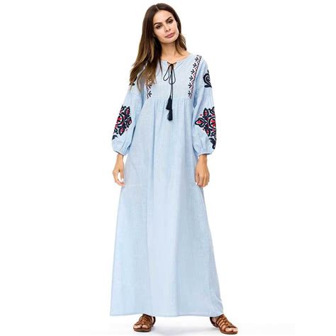 Elegant Embroidery Women S Boho Dress Casual Muslim Abaya Islamic Robe