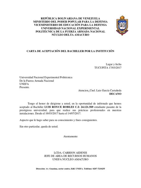 Modelo De Carta De Aceptación Pdf