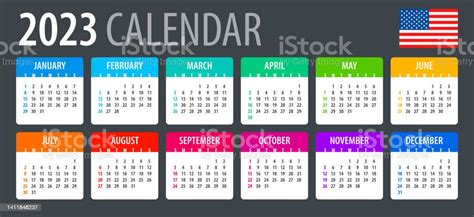 2023 Calendar Vector Illustration English American Version向量圖形及更多一月圖片