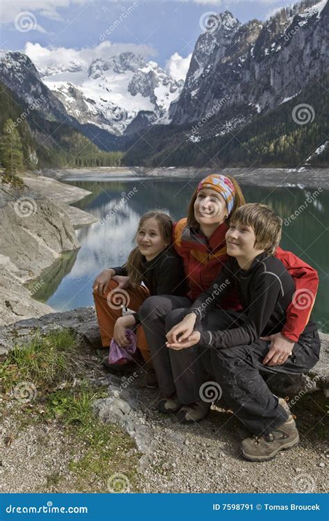Woman With Kids At A Lake In Mountains Stock Image Image Of Bank