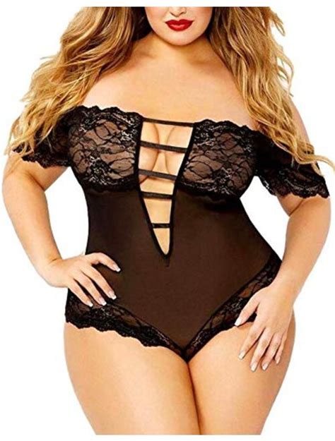 Buy Plus Size Lingerie For Women Sexy Off Shoulder See Through Sheer Mesh Plunging Lace Trim