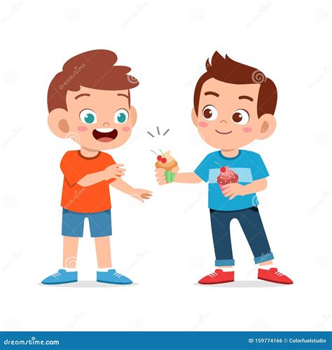 Happy Cute Kid Boy Give Friend Cupcake Stock Vector Illustration Of