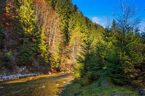 River Flows By Rocky Shore Near The Autumn Mountain Forest Stock Photo