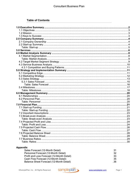 Consulting Business Plan Table Of Contents Sample Plan Llc