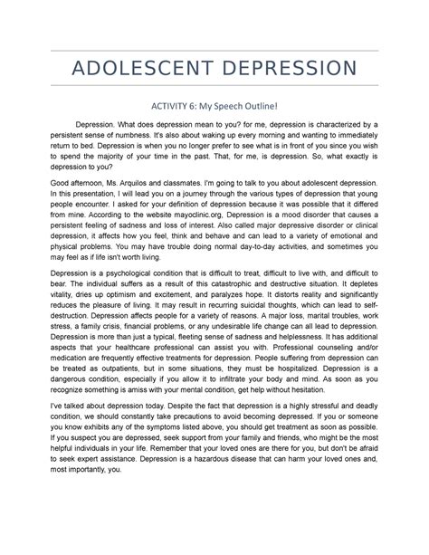Adolescent Depression Adolescent Depression Activity 6 My Speech Outline Depression What