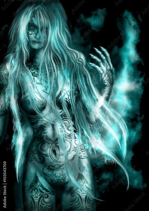 Savage Goddess Illustration Naked Fantasy Woman With Bizarre Tattoo