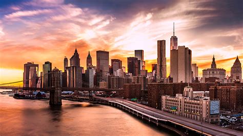 Photo New York City Usa Bridge Roads Sunrises And Sunsets River