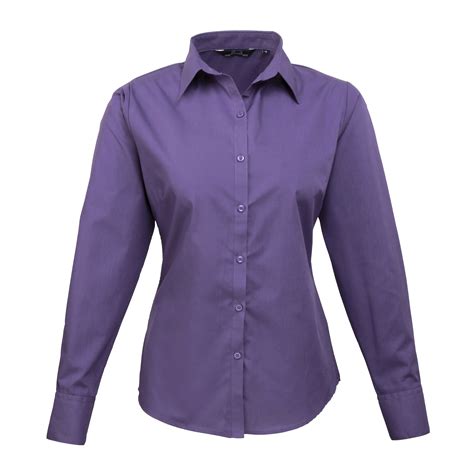 premier womens ladies poplin long sleeve blouse plain work office uniform shirt ebay