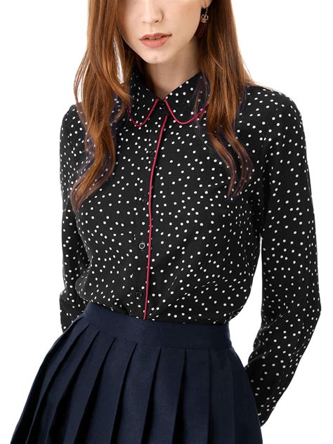 Unique Bargains Women S Polka Dot Long Sleeve Button Down Contrast Color Shirt