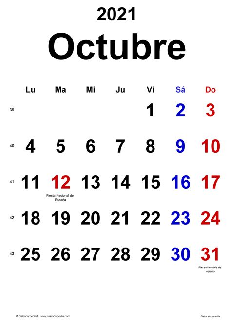 Calendario Octubre 2021 Para Imprimir