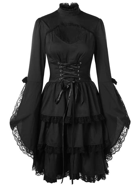 Wipalo Flare Sleeve Cut Out Lace Trim Gothic Dress Women Stand Long