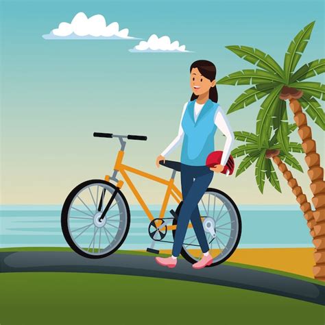 Premium Vector Woman Riding A Bike At Beach