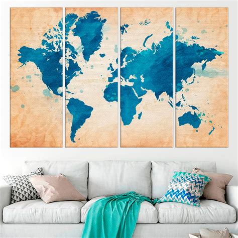 Large World Map Canvas Print Blue World Map Streched Wall Art Etsy