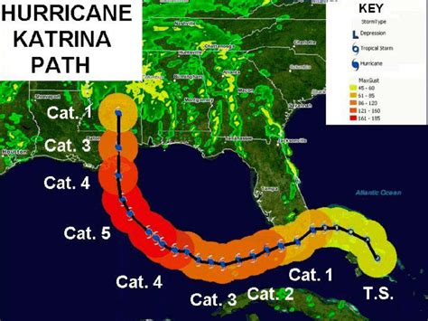 Track Of Hurricane Katrina Color Coded With Category Numbers On The