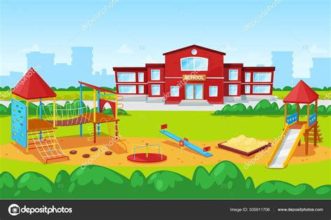 School Building And Yard Playground For Kids City Stock Illustration By