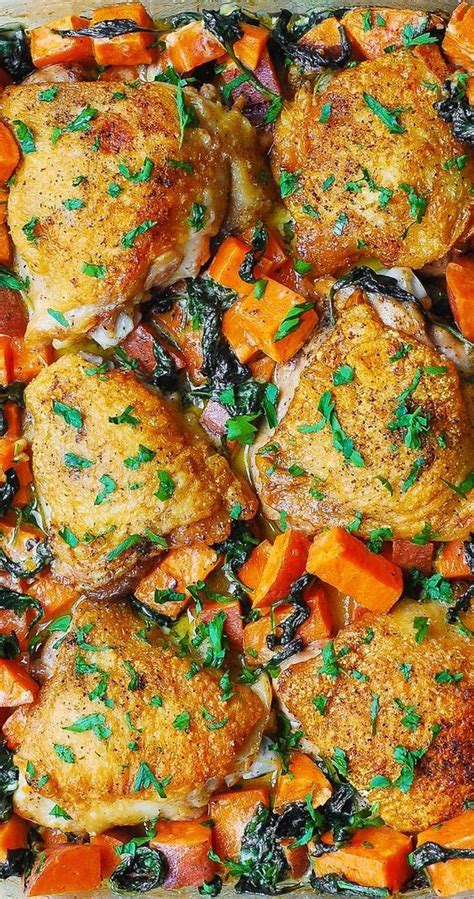 Cook a few minutes to heat through then set aside away from the heat until the sweet potato finish cooking. Baked Chicken Thighs and Sweet Potatoes with Spinach in ...