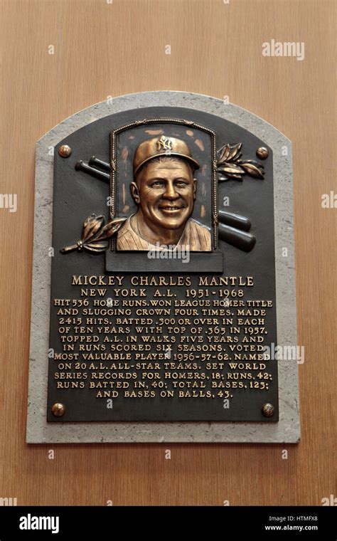 Memorial Plaque For Center Fielder Mickey Mantle In The Hall Of Fame