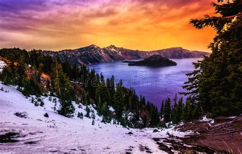 Sunset Views On Crater Lake Crater Lake National Park Oregon Stock