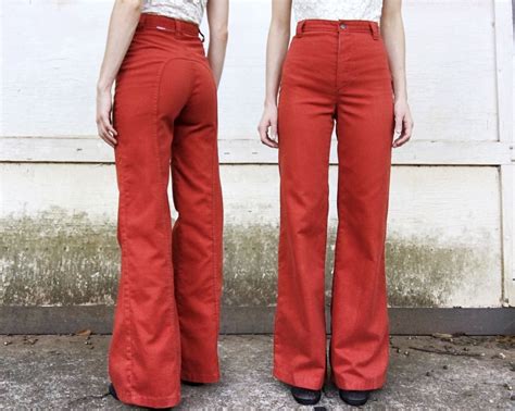 Vintage 70s Dittos Rusty Red Denim High Waisted Saddleback Bell Bottoms Jeans 25 X 31 Bell