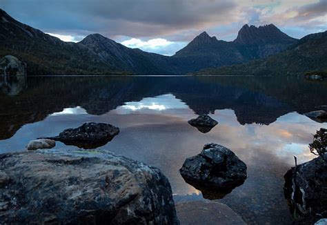 170 Dove Lake Reflection At Cradle Mountain Tasmania Australia Stock
