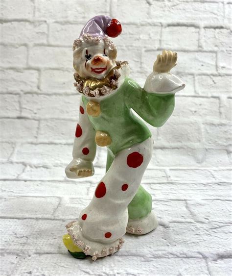 Vintage Porcelain Clown Figurine Green Lavender S 855 Polka Dots 7 12