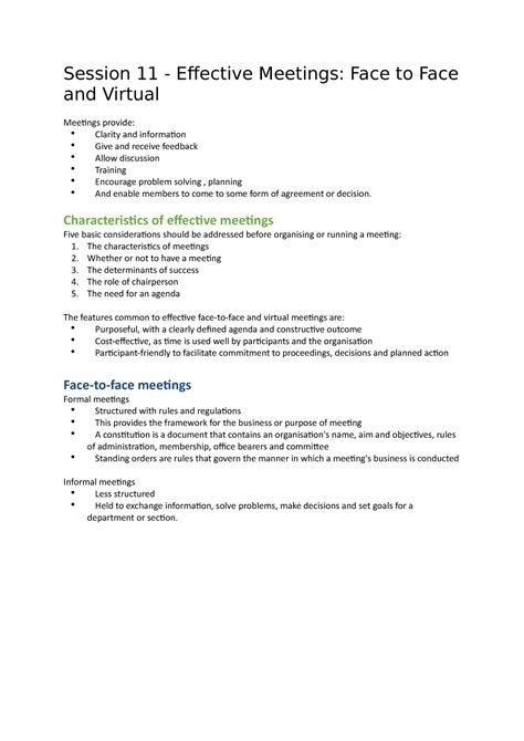 Session 11 Effective Meetings Face To Face And Virtual Characteristics Of Effective Meetings