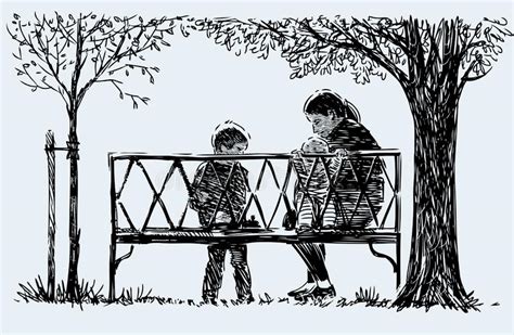 Esbozo De Madre Con Sus Hijos Sentados En El Banco Del Parque Mientras