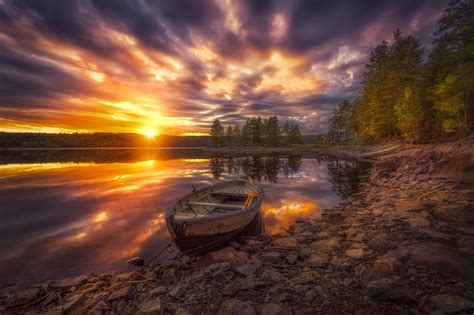 Free Download Hd Wallpaper Trees Sunset Lake Boat Norway