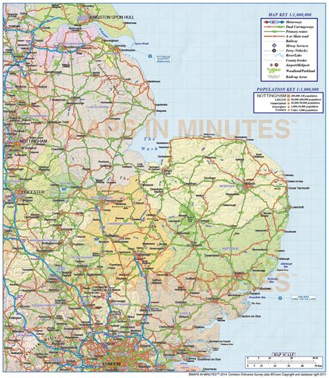 Digital Vector East England County Road And Rail Map 1m Scale With