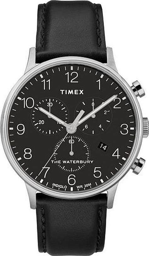 Men S Timex Waterbury Chronograph Black Leather Strap Watch Tw R