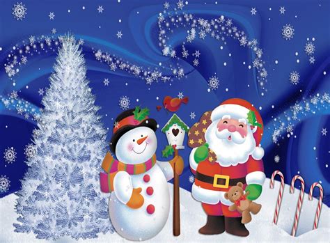 Santa Claus Snowman Christmas Tree Snowflakes Postcard Wallpaper