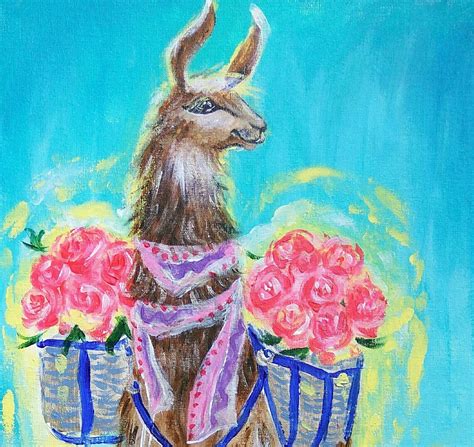 Llama With Flowers Original Acrylic Painting Nursery Decor Etsy