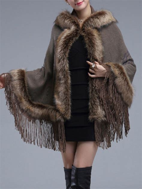 Hooded Fringe Faux Fur Trim Cape Sleeve Coat In 2021 Faux Fur Trim
