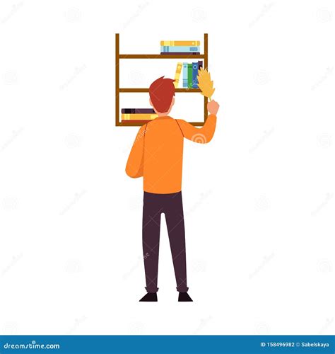 Man Cleaning Up Dust From Book Shelves Cleaner Dusting Bookshelf On